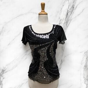 Cartise Embellished  Shirt Sz M Black Silver Sequins Beaded Glam Y2K FairyGrunge